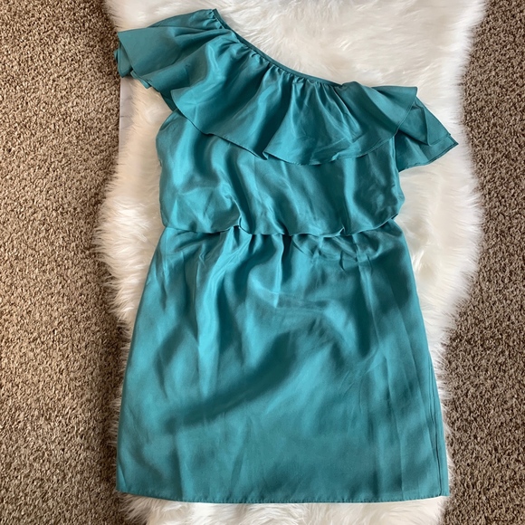 Toni One Shoulder Silk Dress Turquoise Size 4 - Picture 2 of 5